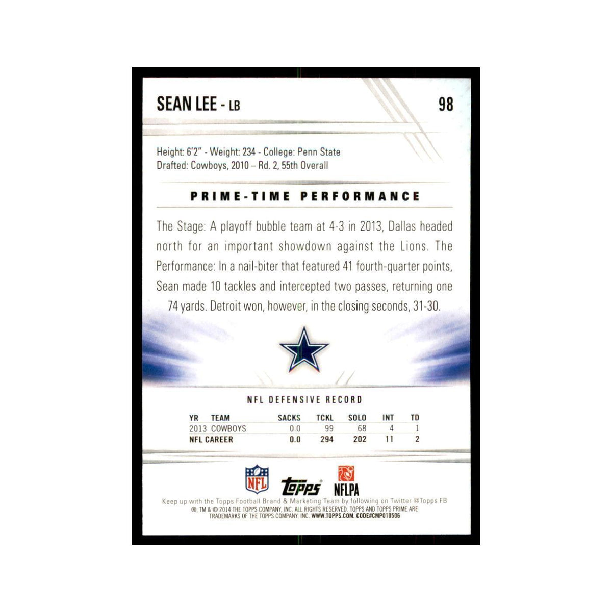 2014 Topps Prime Sean Lee Football Cards #98