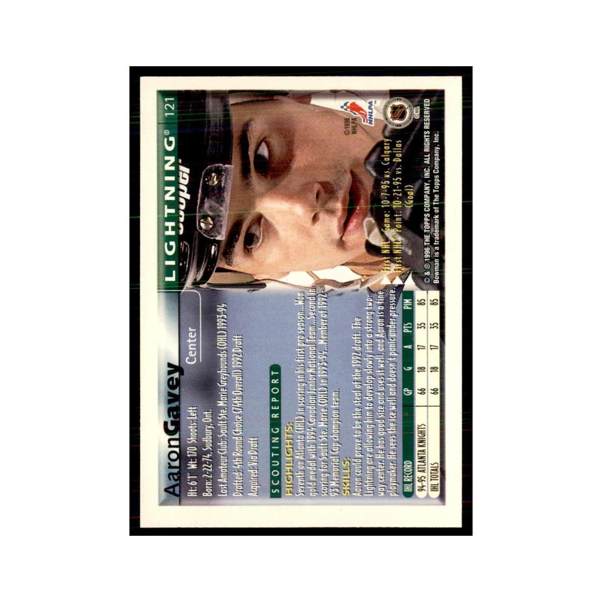 1995 Bowman Aaron Gavey RC Tampa Bay Lightning #121