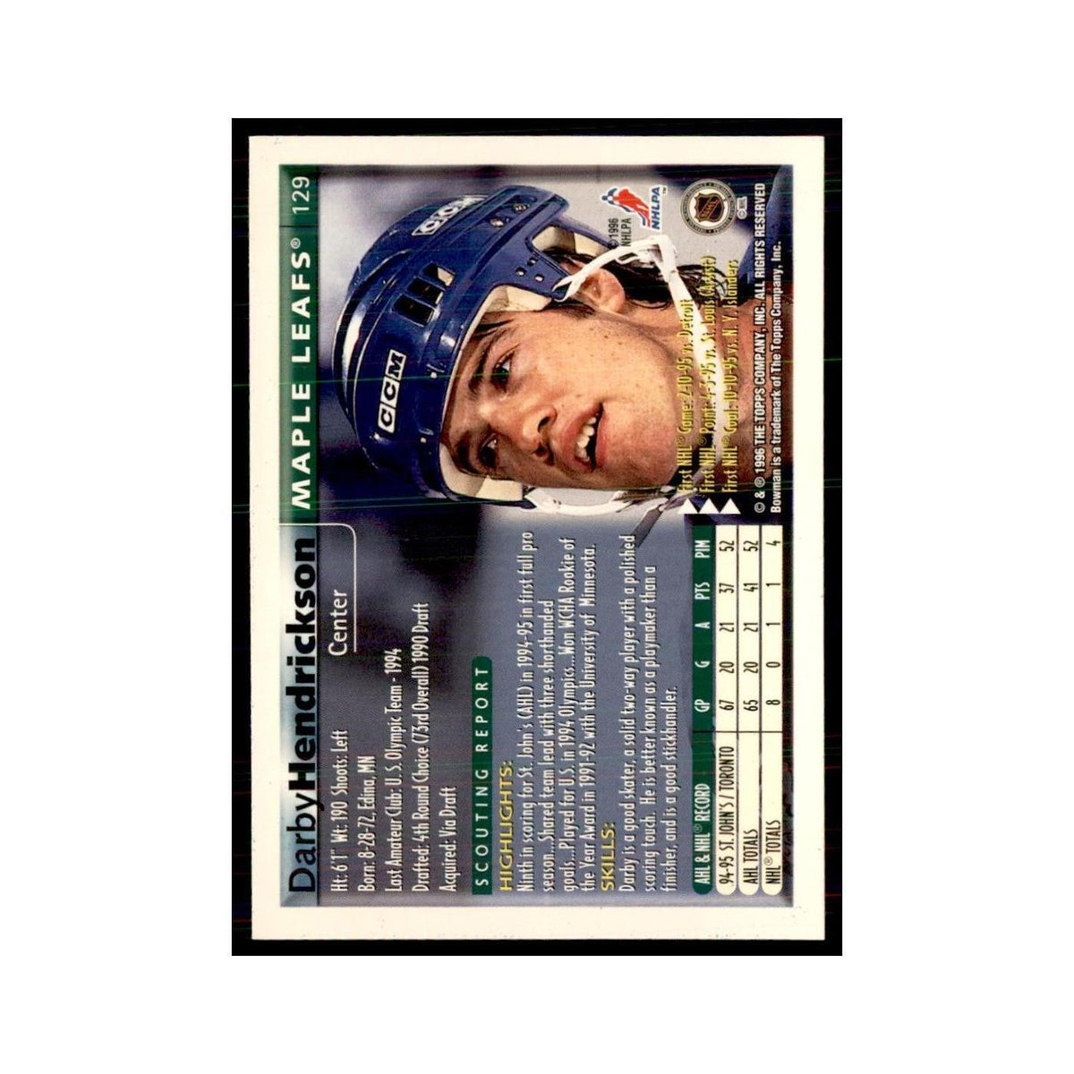 1995 Bowman Darby Hendrickson RC Toronto Maple Leafs #129