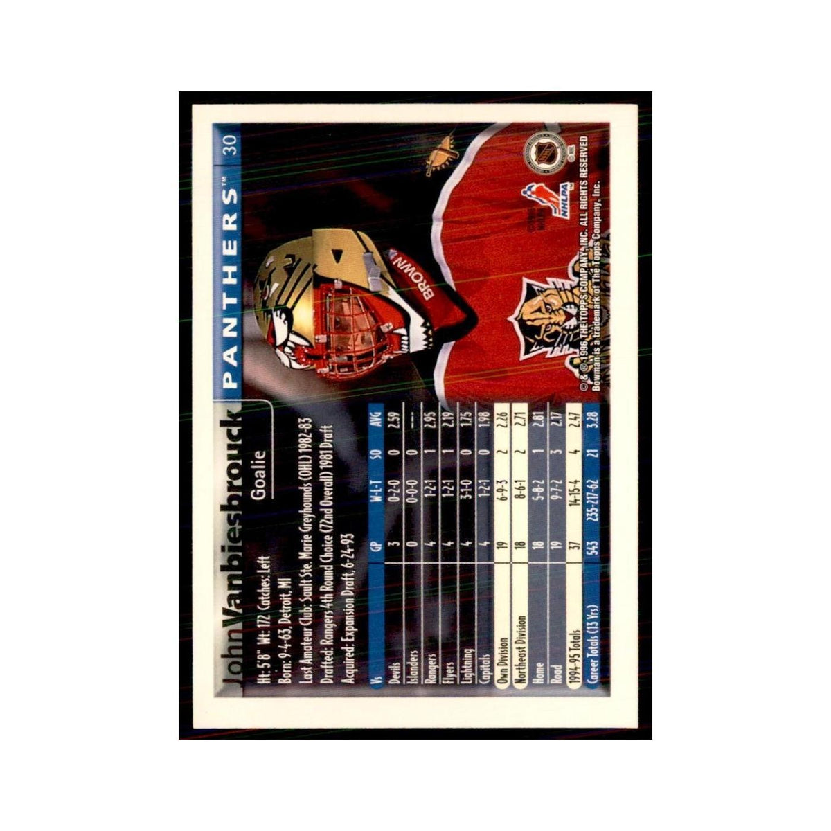 1995 Bowman John Vanbiesbrouck Florida Panthers #30