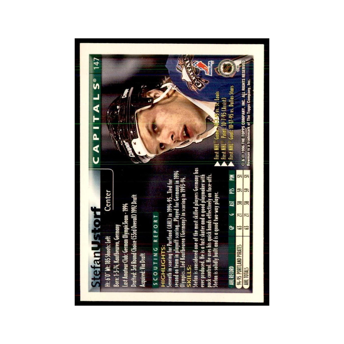 1995 Bowman Stefan Ustorf RC Washington Capitals #147