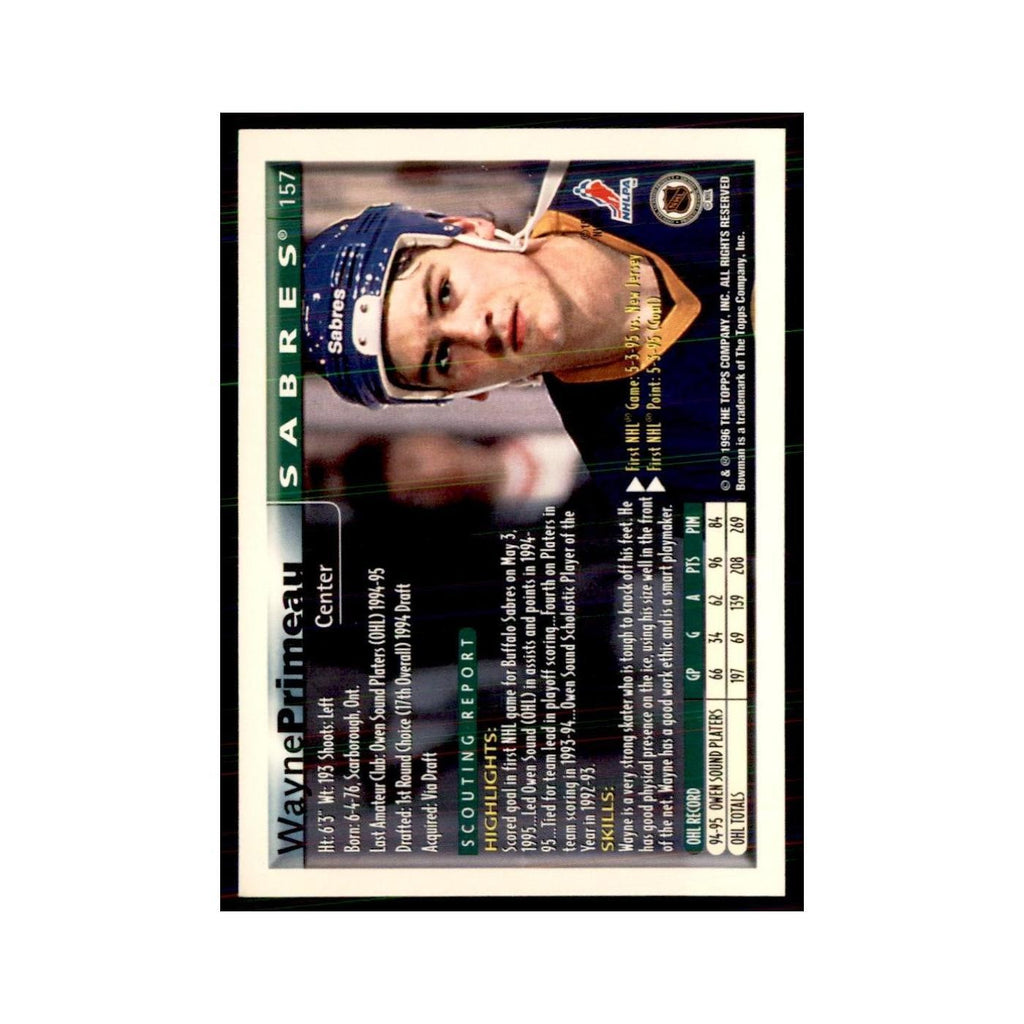 1995 Bowman Wayne Primeau RC Buffalo Sabres #157