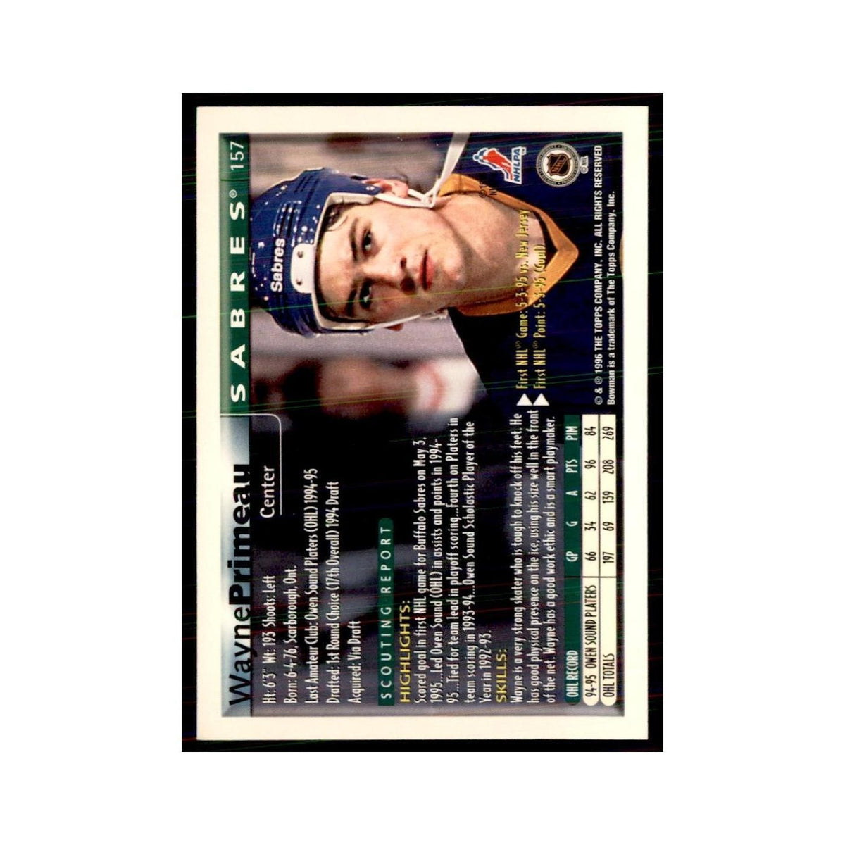 1995 Bowman Wayne Primeau RC Buffalo Sabres #157