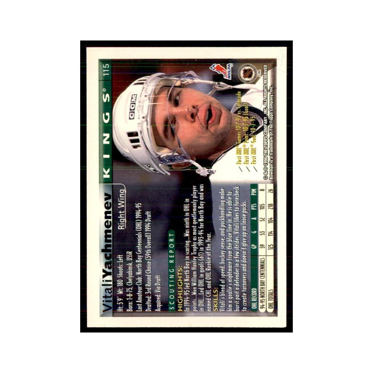 1995 Bowman Vitali Yachmenev RC Los Angeles Kings #115