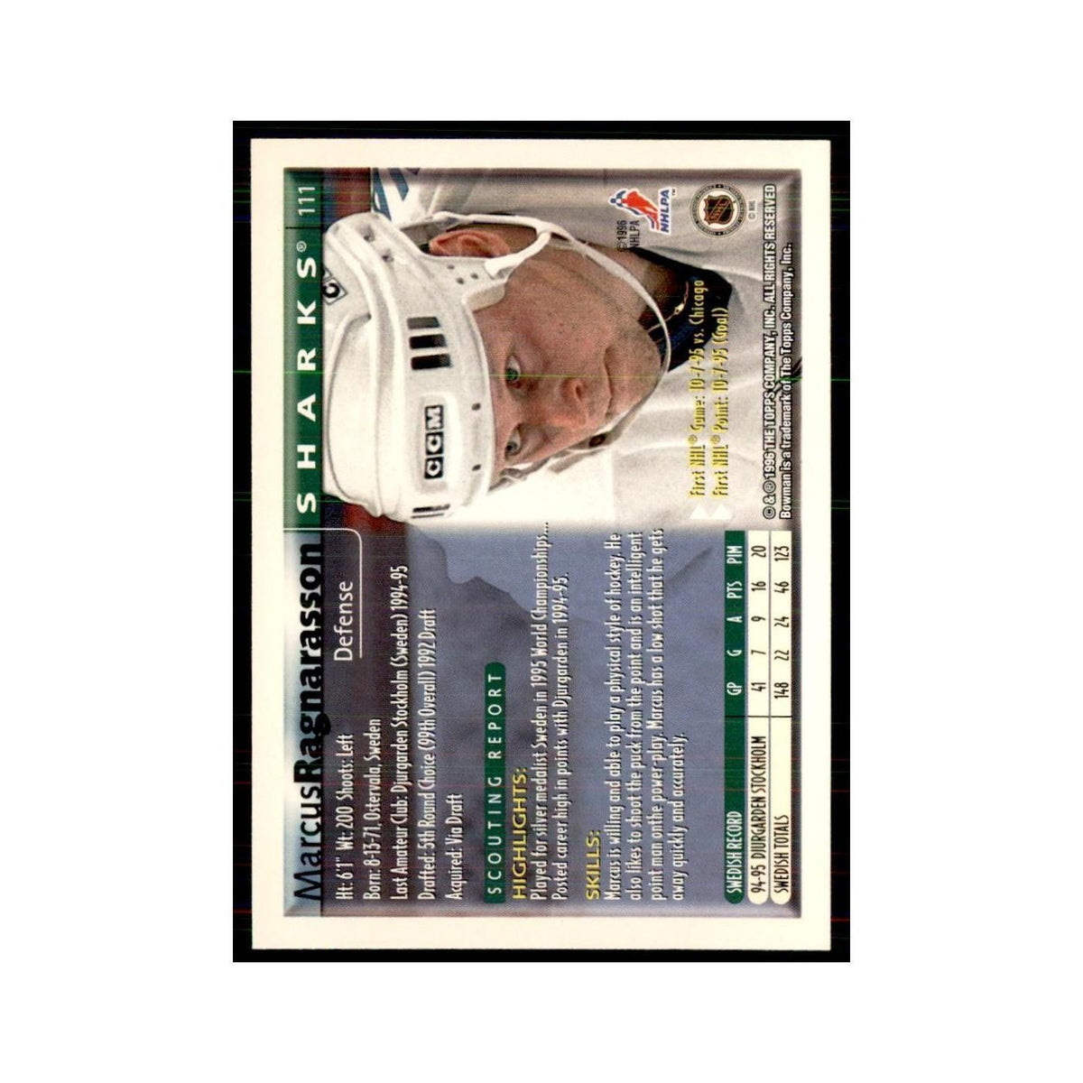 1995 Bowman Marcus Ragnarsson RC San Jose Sharks #111