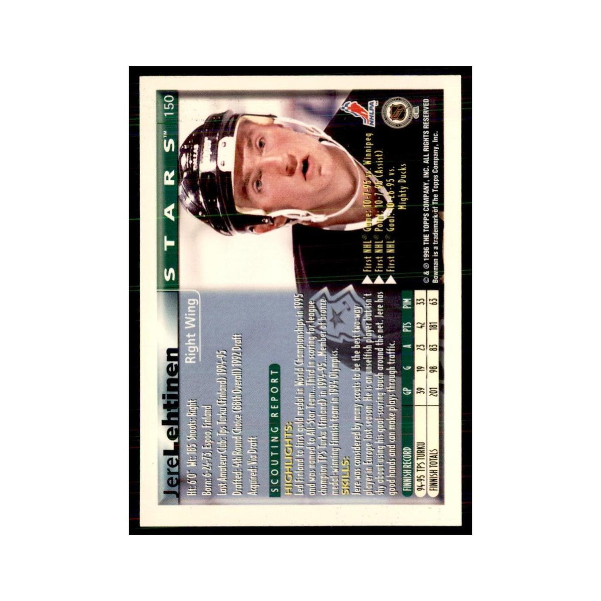 1995 Bowman Jere Lehtinen RC Dallas Stars #150