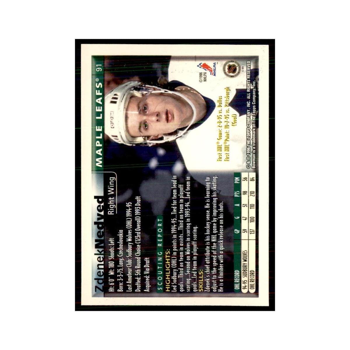 1995 Bowman Zdenek Nedved RC Toronto Maple Leafs #91