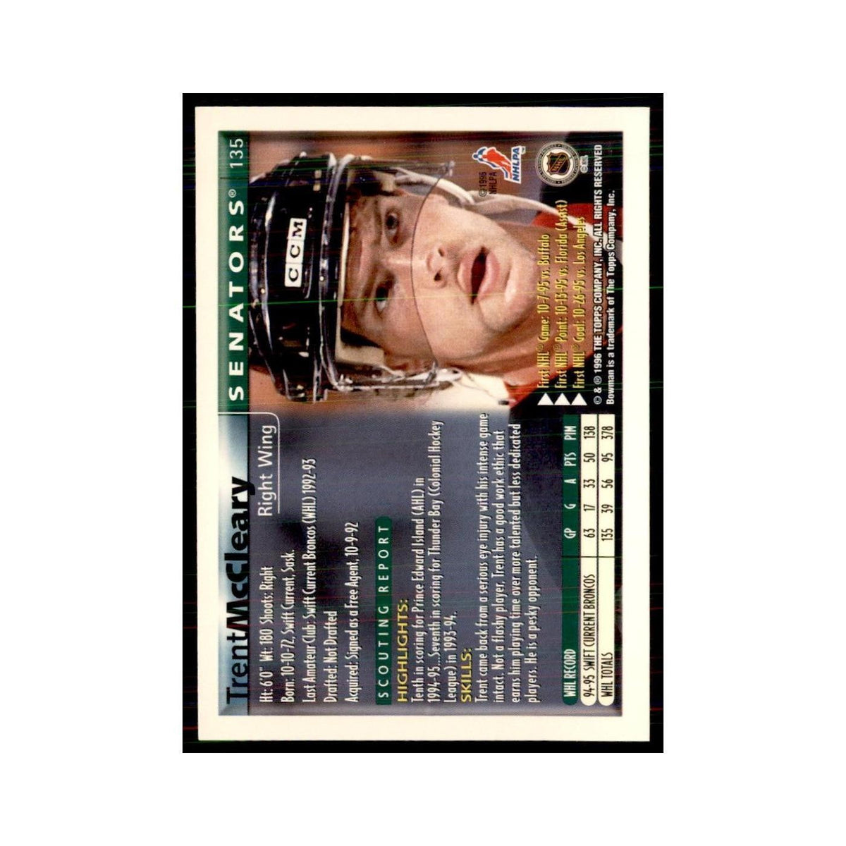 1995 Bowman Trent McCleary RC Ottawa Senators #135