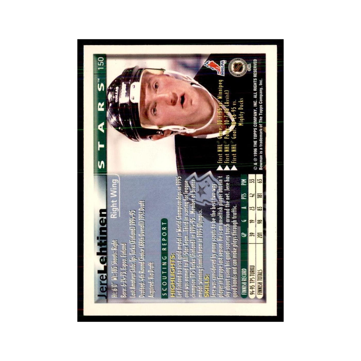 1995 Bowman Jere Lehtinen RC Dallas Stars #150