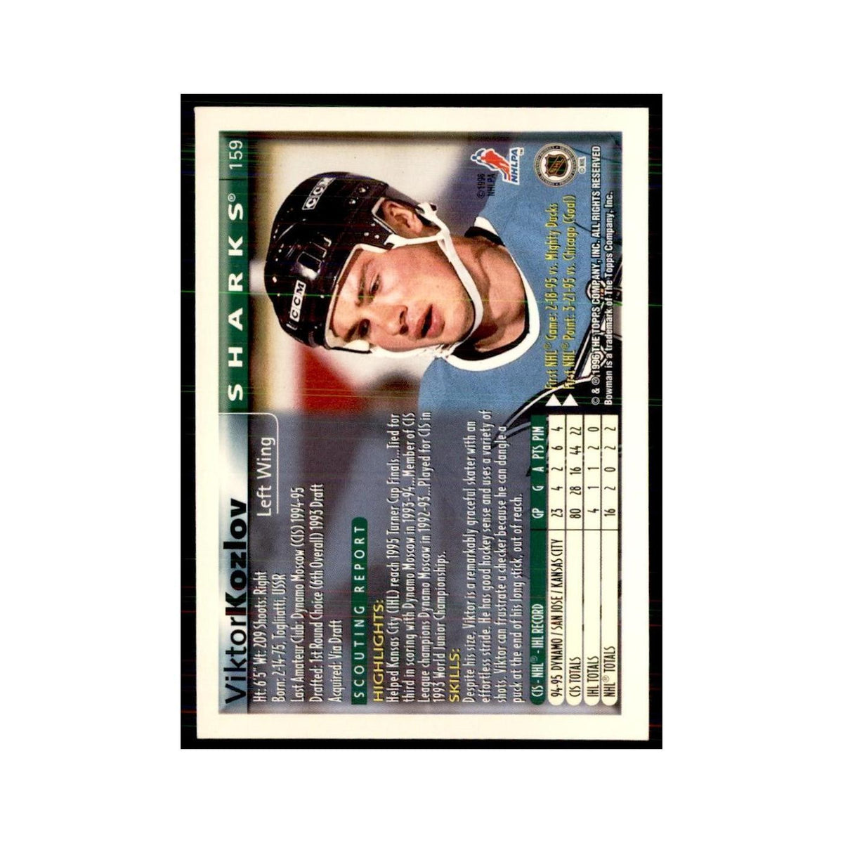 1995 Bowman Viktor Kozlov RC San Jose Sharks #159
