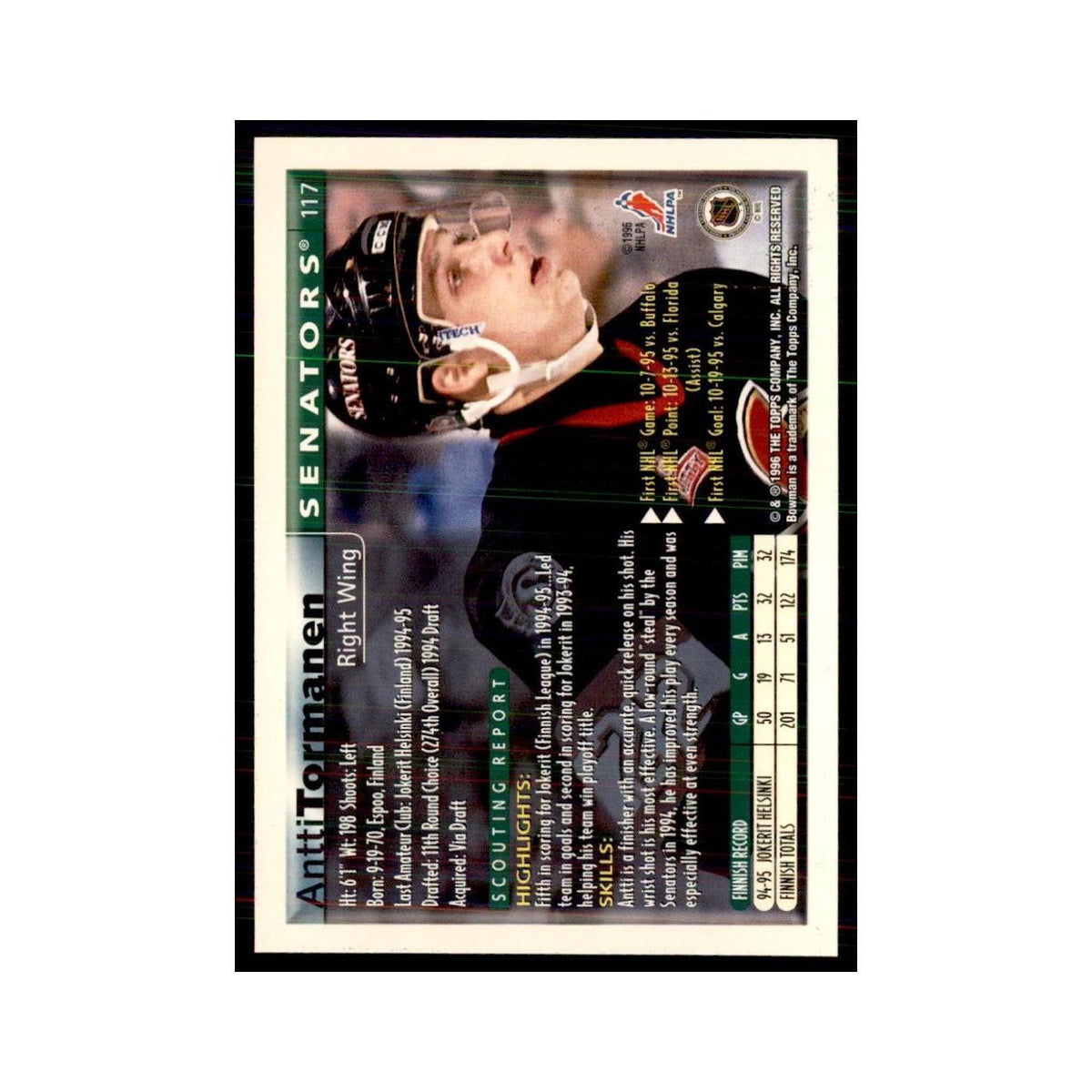 1995 Bowman Antti Tormanen RC Ottawa Senators #117