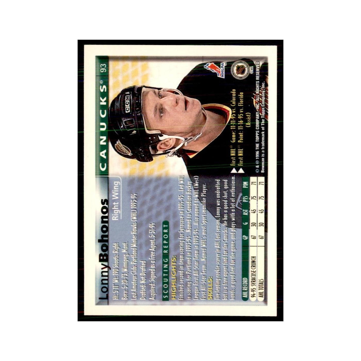 1995 Bowman Lonny Bohonos RC Vancouver Canucks #93
