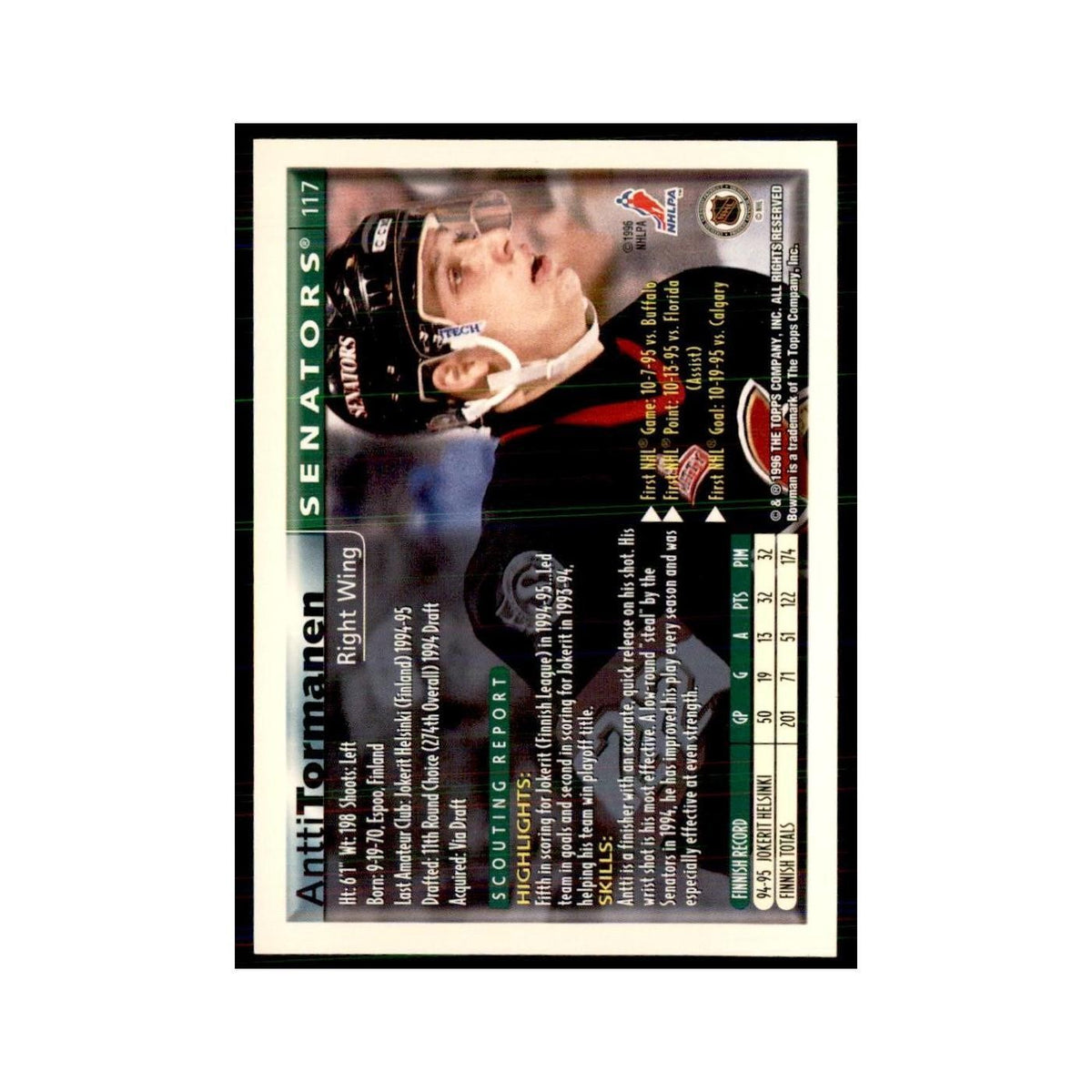 1995 Bowman Antti Tormanen RC Ottawa Senators #117