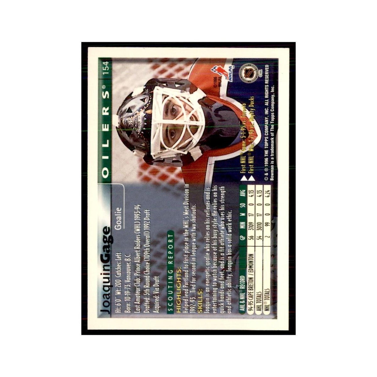 1995 Bowman Joaquin Gage RC Edmonton Oilers #154