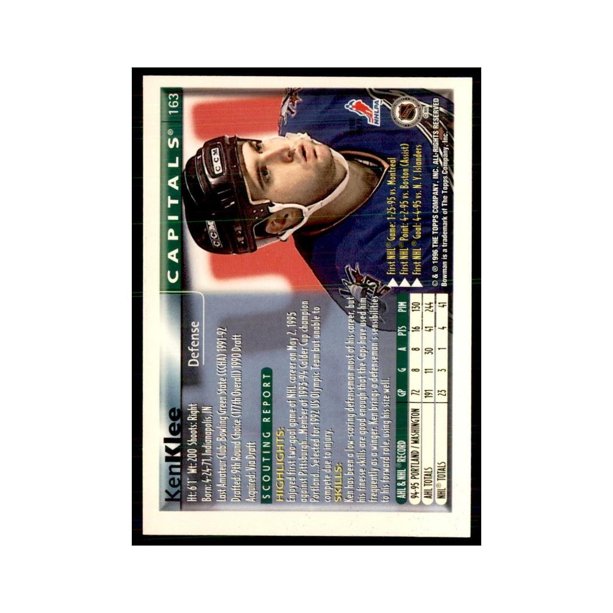 1995 Bowman Ken Klee RC Washington Capitals #163