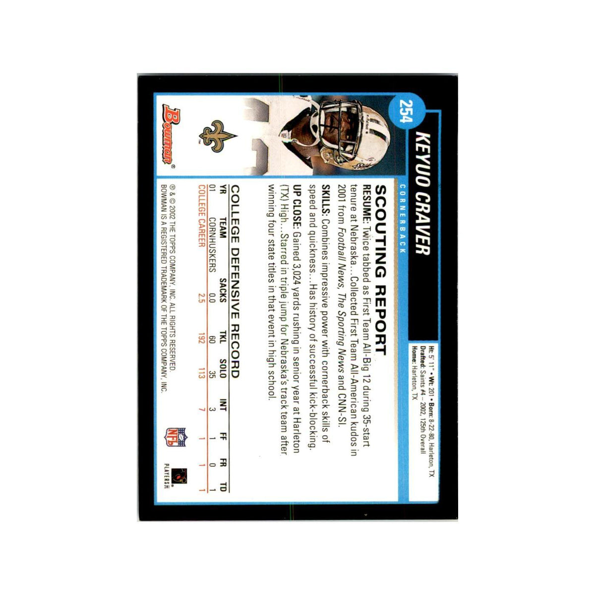 2002 Bowman Keyuo Craver RC Football Cards #254