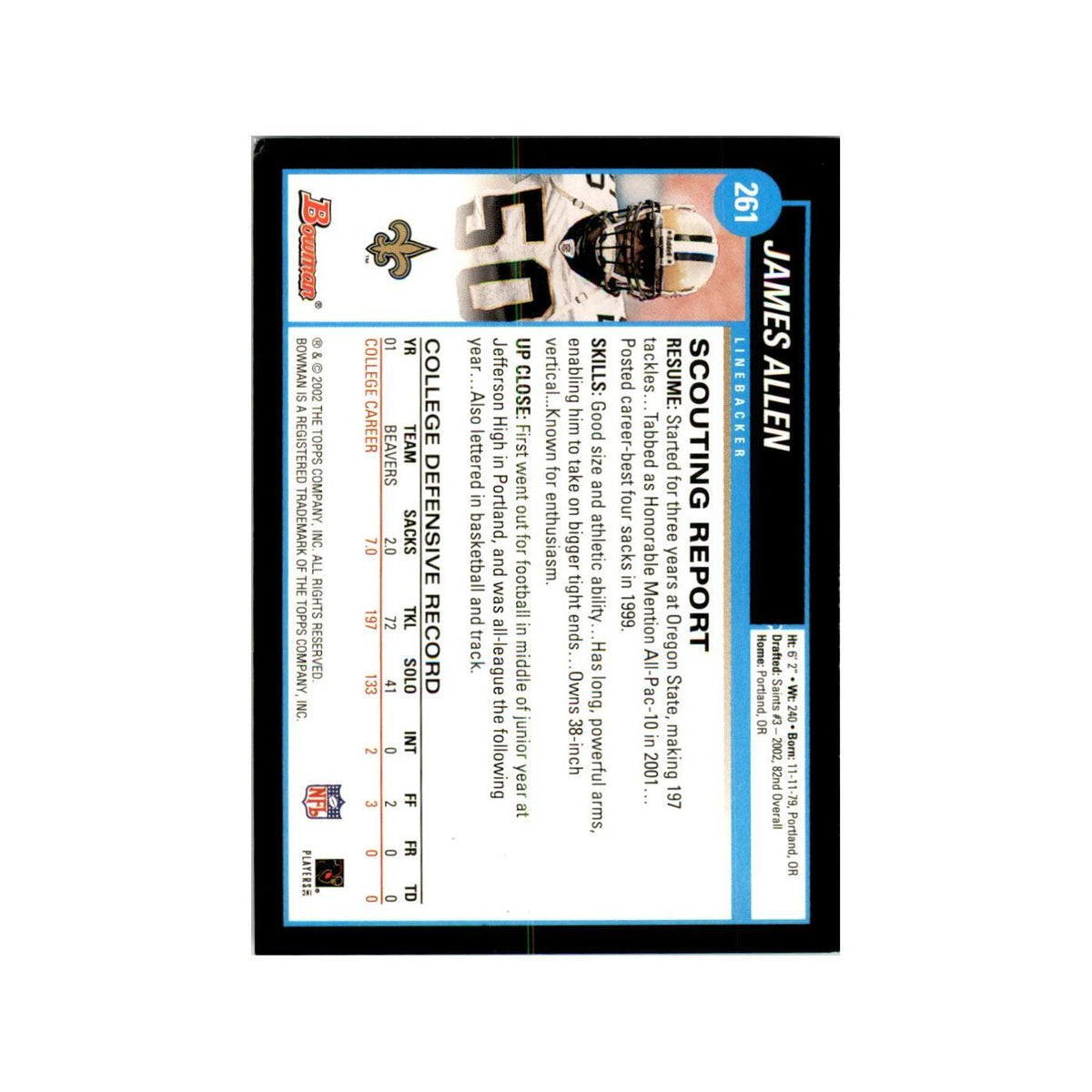 2002 Bowman James Allen RC Football Cards #261