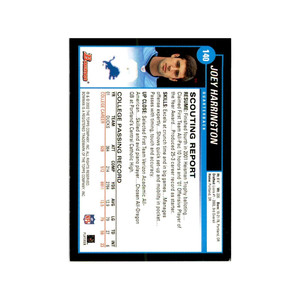 2002 Bowman Joey Harrington RC Football Cards #140