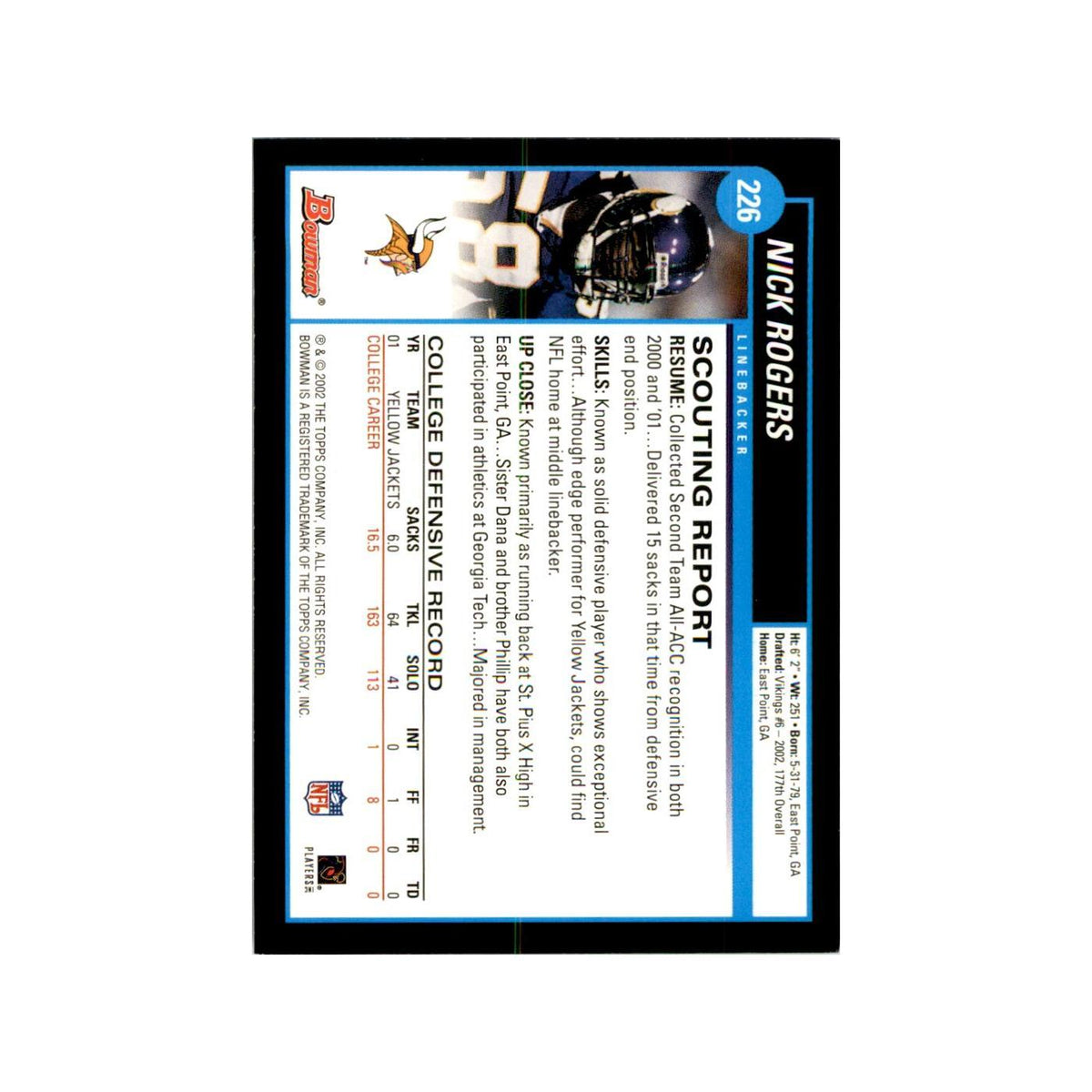 2002 Bowman Nick Rogers RC Football Cards #226