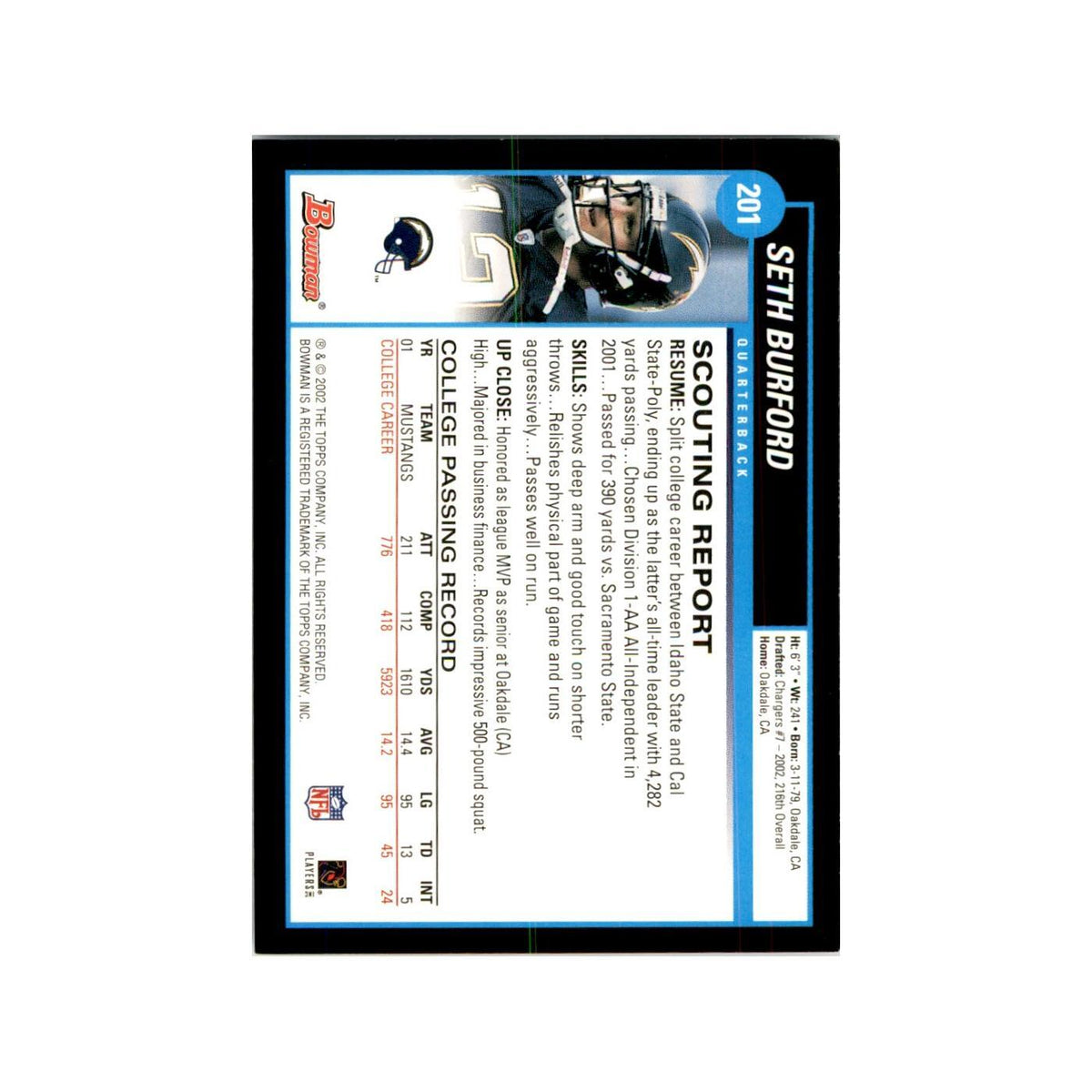 2002 Bowman Seth Burford RC Football Cards #201