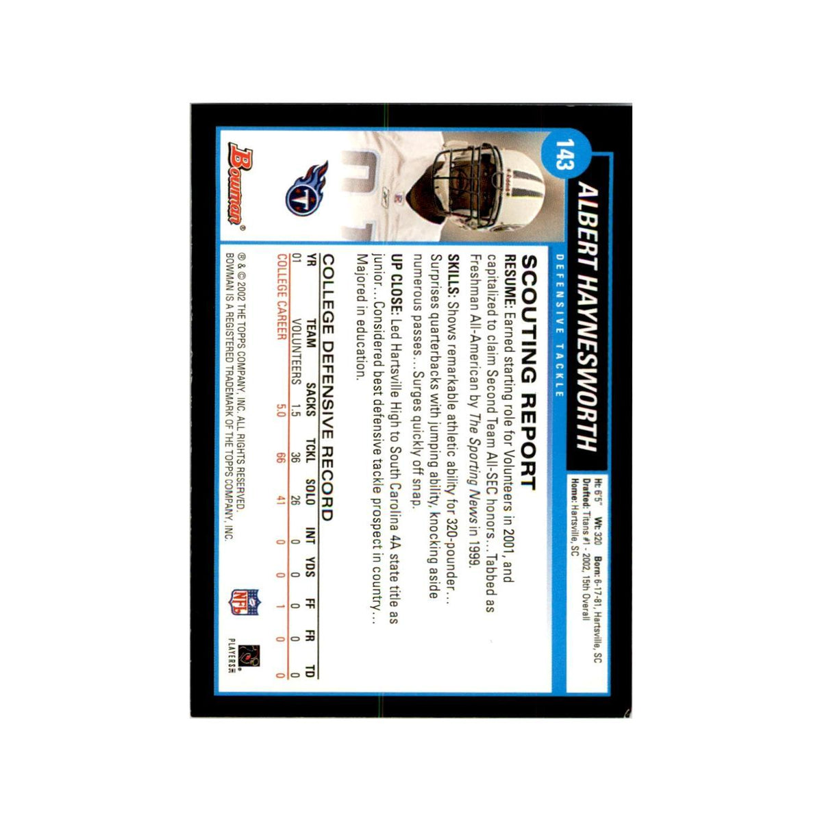 2002 Bowman Albert Haynesworth RC Football Cards #143