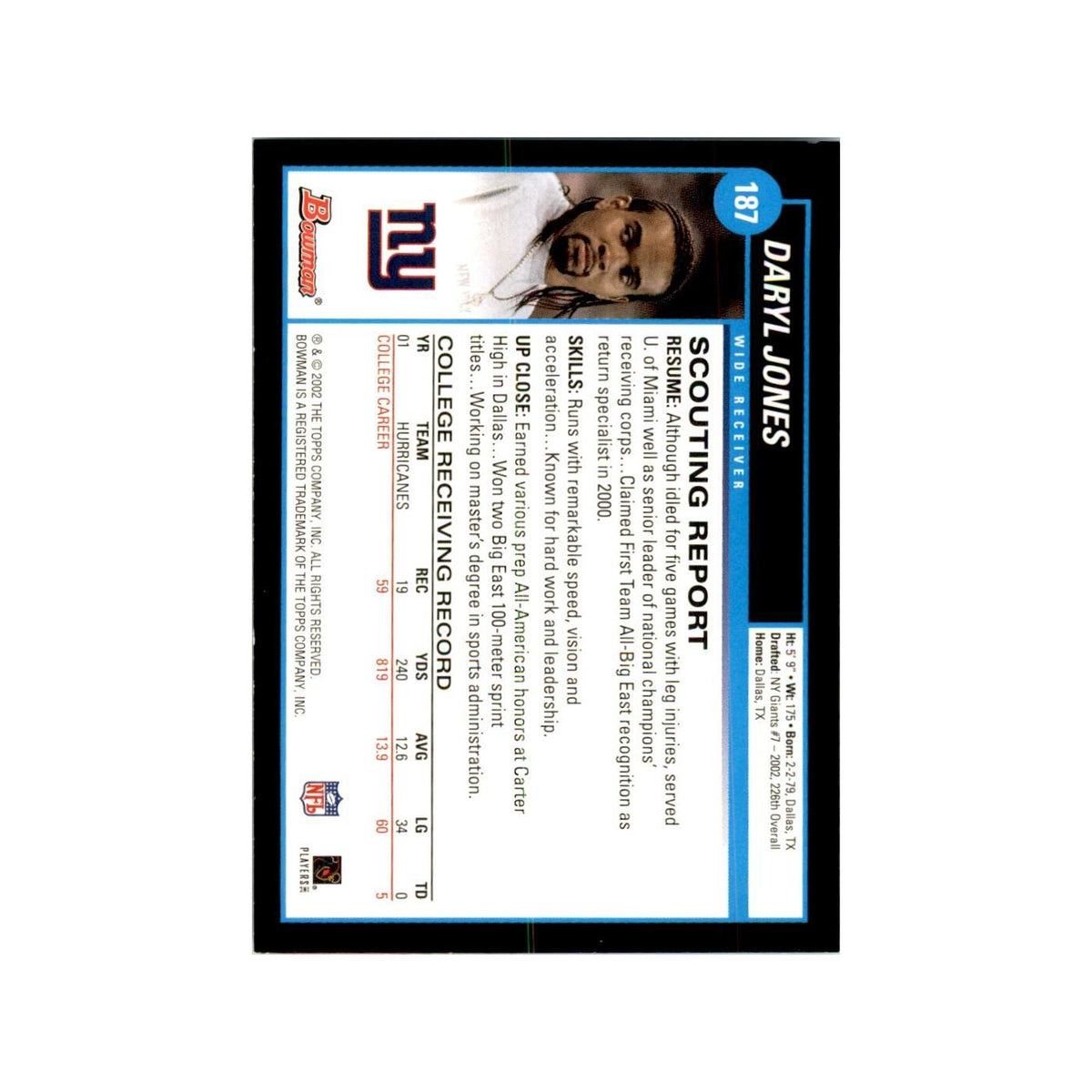2002 Bowman Daryl Jones RC Football Cards #187