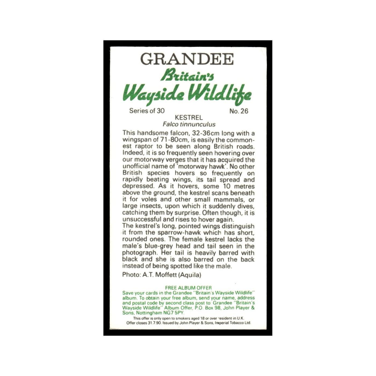 Kestrel 1988 Grandee Britain's Wayside Wildlife #26 Baseball Card EX
