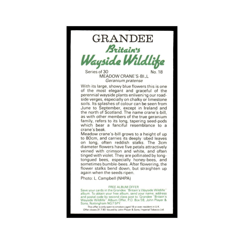 Meadow Crane's Bill 1988 Grandee Britain's Wayside Wildlife #18 Baseball Card EX