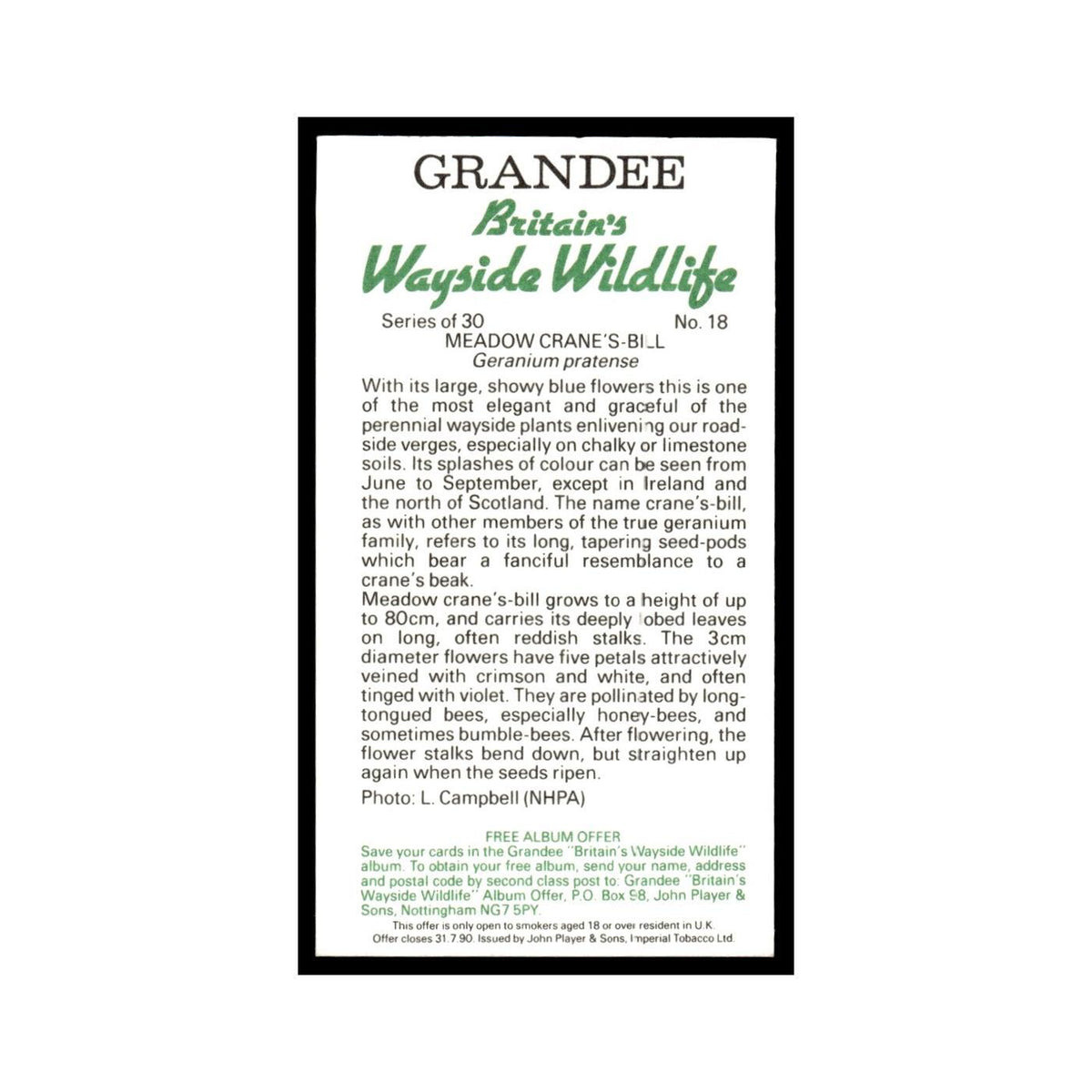Meadow Crane's Bill 1988 Grandee Britain's Wayside Wildlife #18 Baseball Card EX