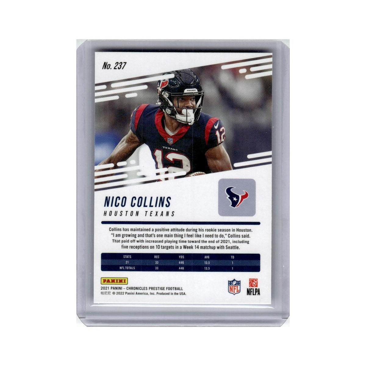 Nico Collins Rookie 2021 Panini Prestige #237 Houston Texans Football Card NM