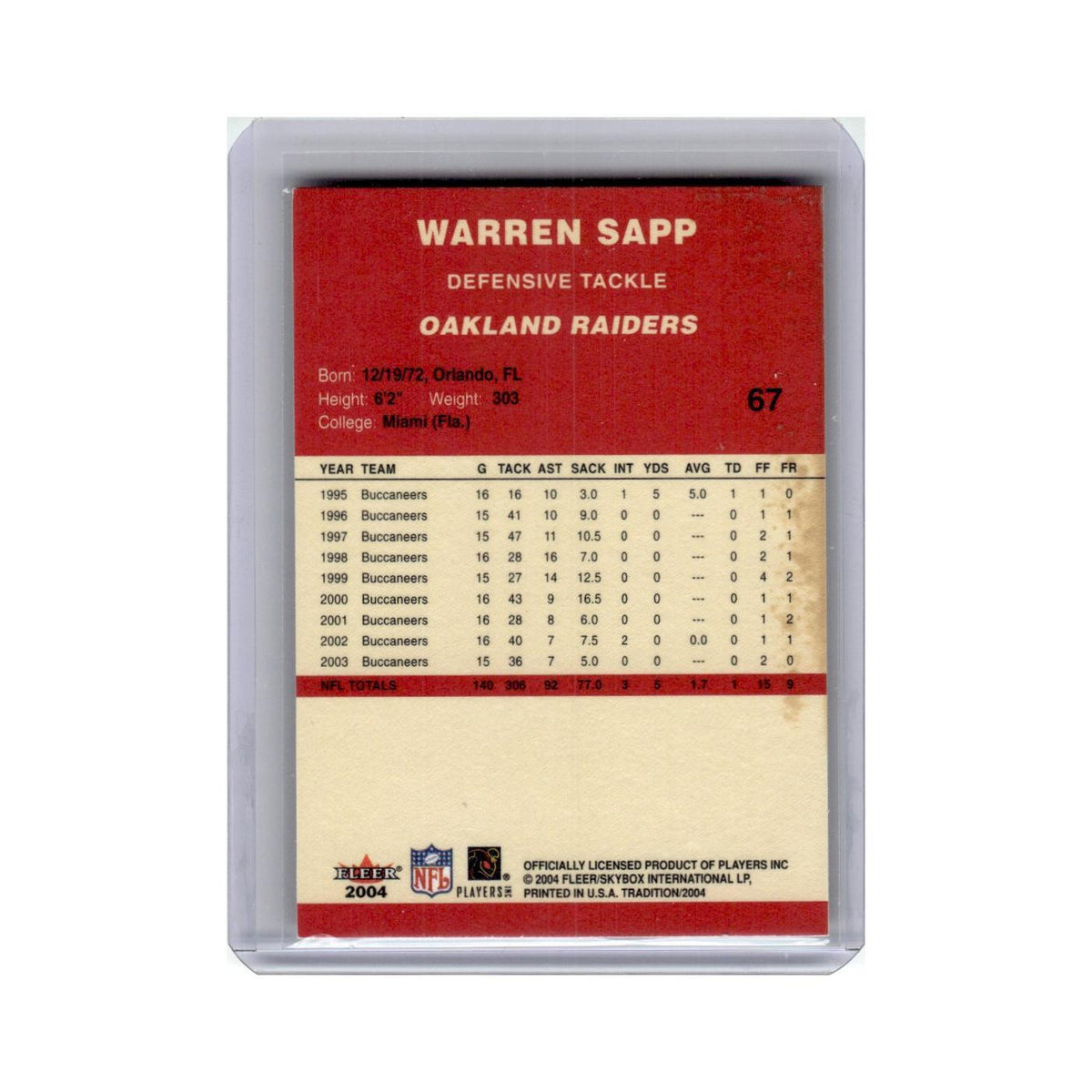Warren Sapp 2004 Fleer Tradition #67 Oakland Raiders Football Card NM