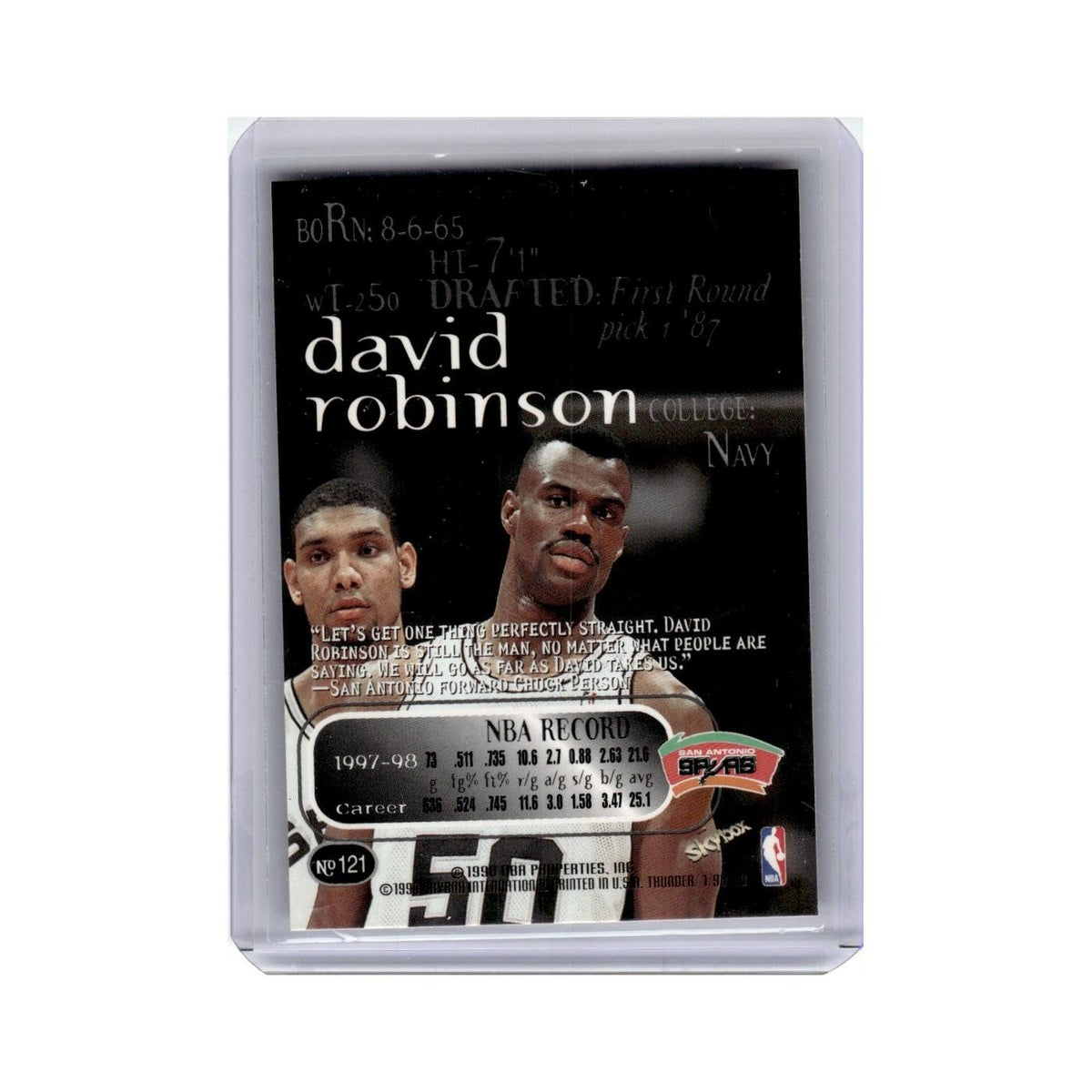 David Robinson 1998 Skybox Thunder #121 San Antonio Spurs Basketball Card NM