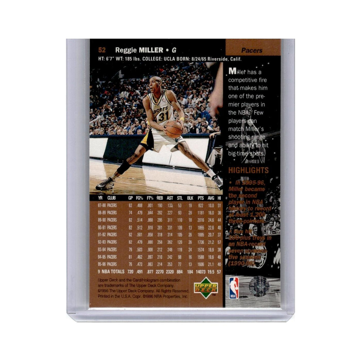 Reggie Miller 1996 Upper Deck #52 Indiana Pacers Basketball Card NM