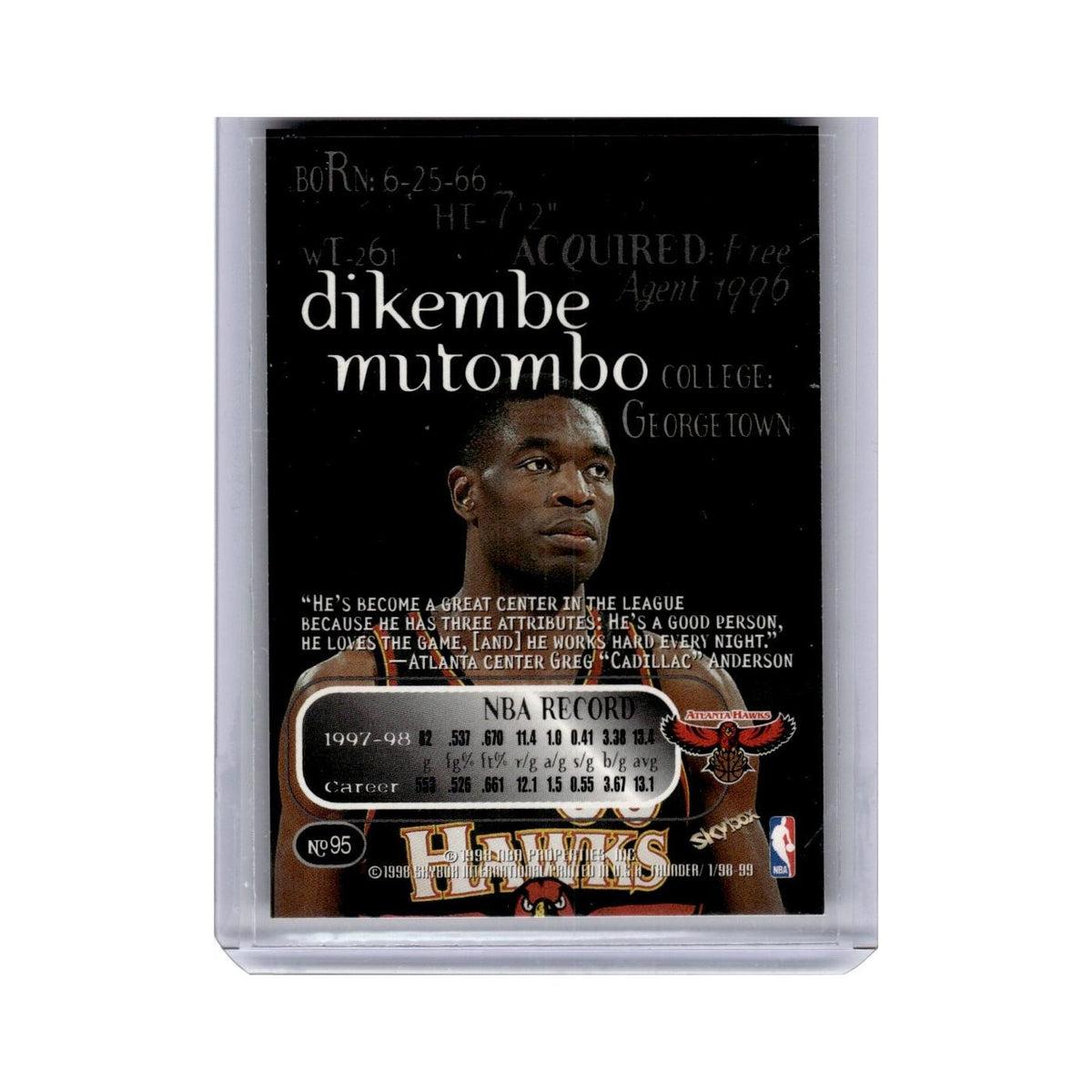 Dikembe Mutombo 1998 Skybox Thunder #95 Atlanta Hawks Basketball Card NM
