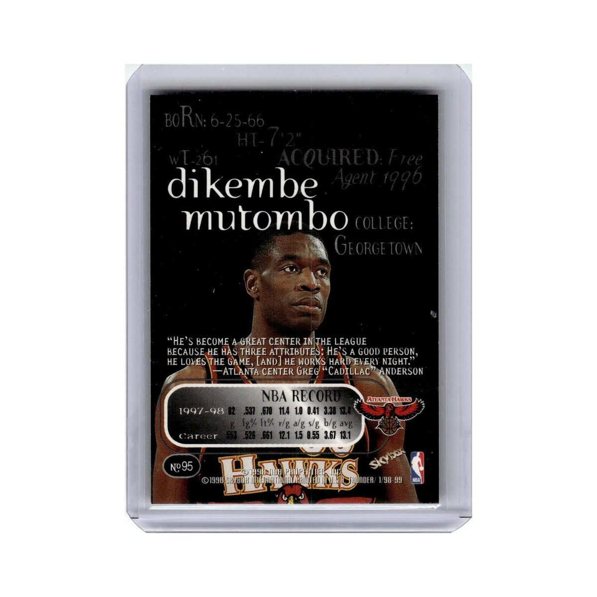 Dikembe Mutombo 1998 Skybox Thunder #95 Atlanta Hawks Basketball Card NM