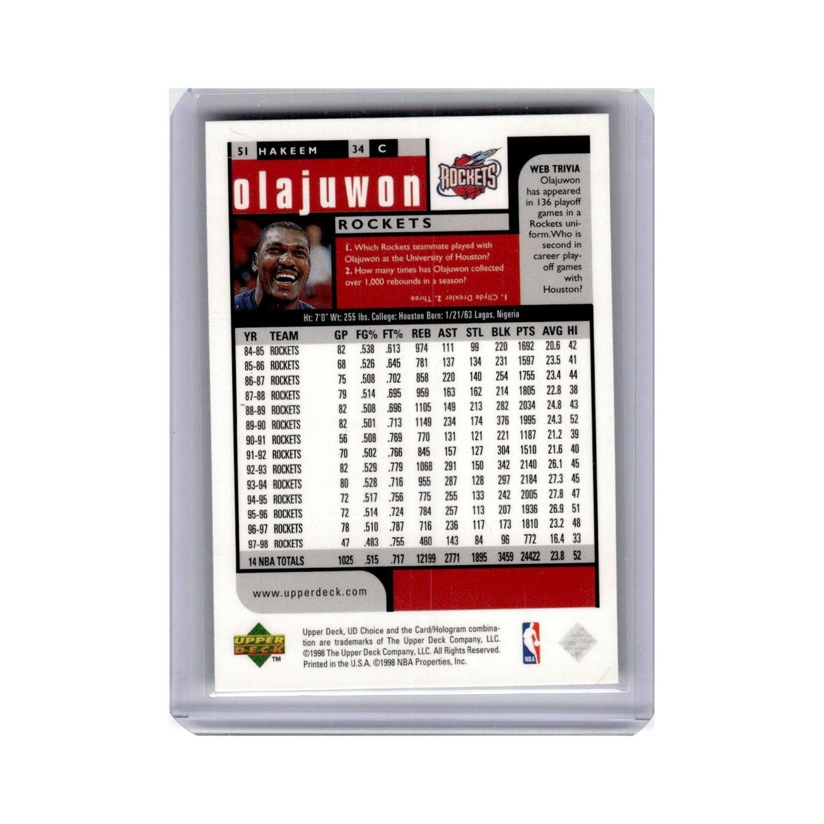 Hakeem Olajuwon 1998 UD Choice #51 Houston Rockets Basketball Card NM