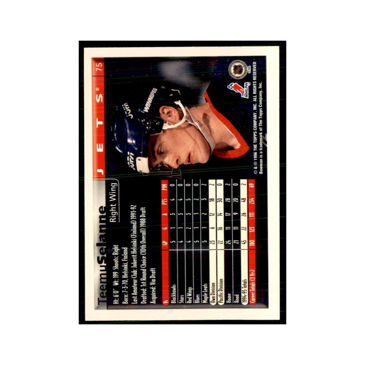 1995 Bowman Teemu Selanne Winnipeg Jets #75