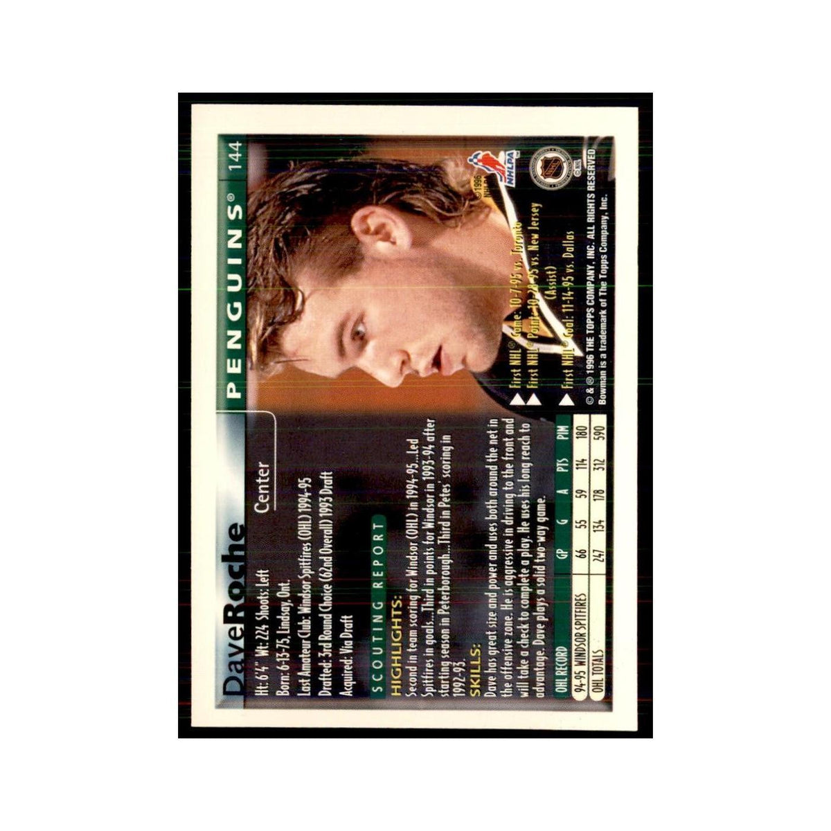 1995 Bowman Dave Roche RC Pittsburgh Penguins #144