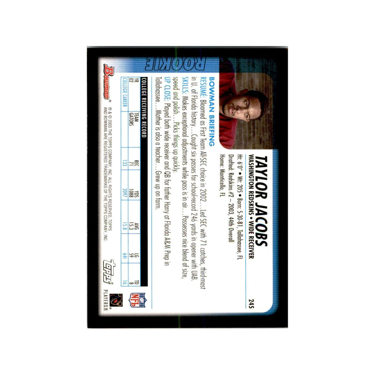 2003 Bowman Taylor Jacobs RC Football Cards #245
