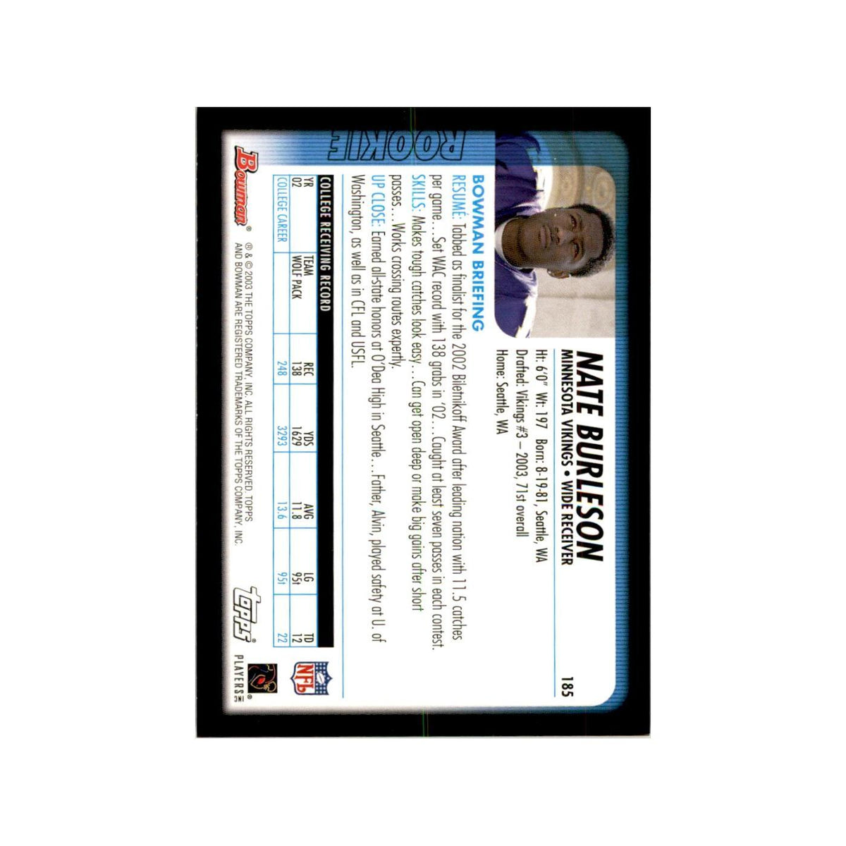 2003 Bowman Nate Burleson RC Football Cards #185