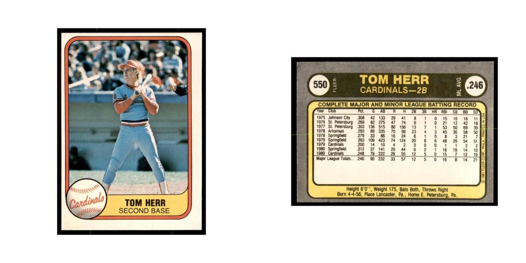 1981 Fleer Tom Herr Baseball Cards #550