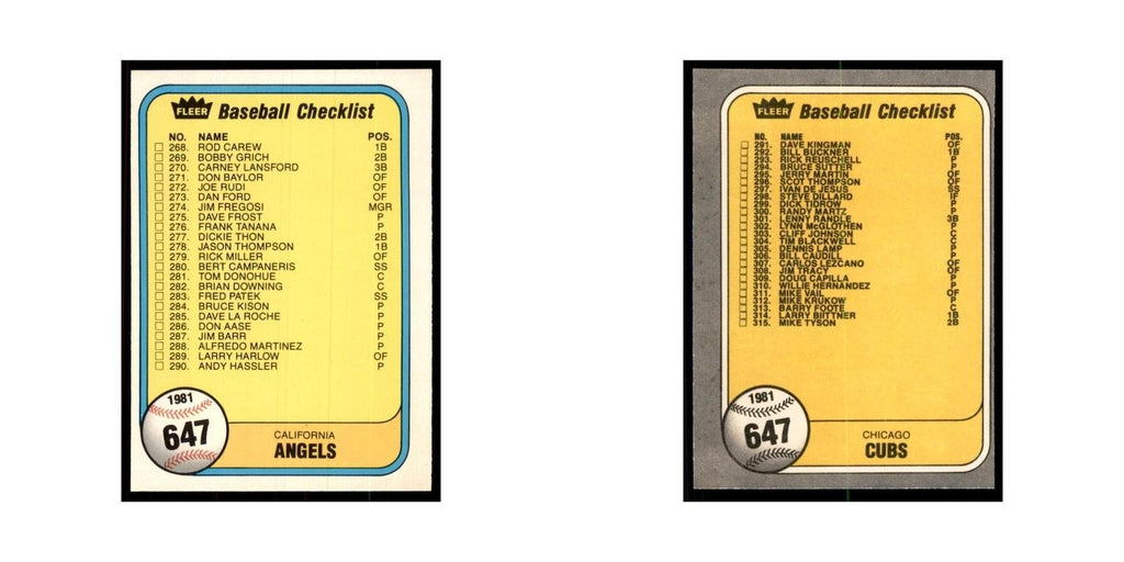 1981 Fleer Checklist Angels/Cubs Baseball Cards #647