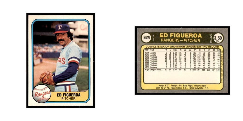 1981 Fleer Ed Figueroa Baseball Cards #624