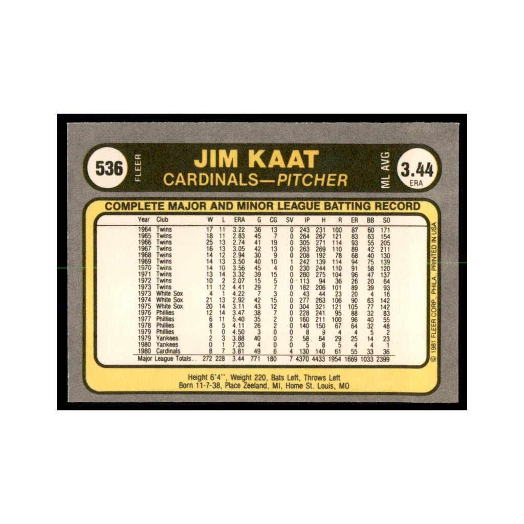 1981 Fleer Jim Kaat Baseball Cards #536