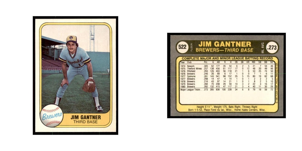 1981 Fleer Jim Gantner Baseball Cards #522