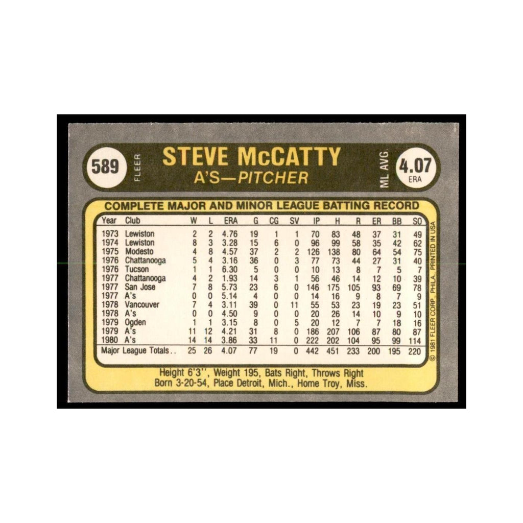 1981 Fleer Steve McCatty Baseball Cards #589