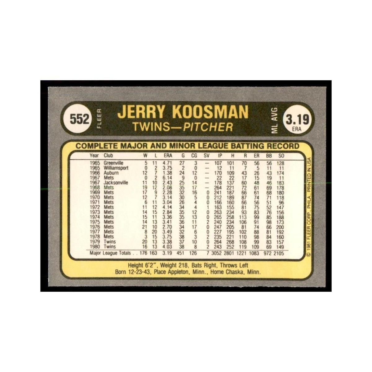 1981 Fleer Jerry Koosman Baseball Cards #552