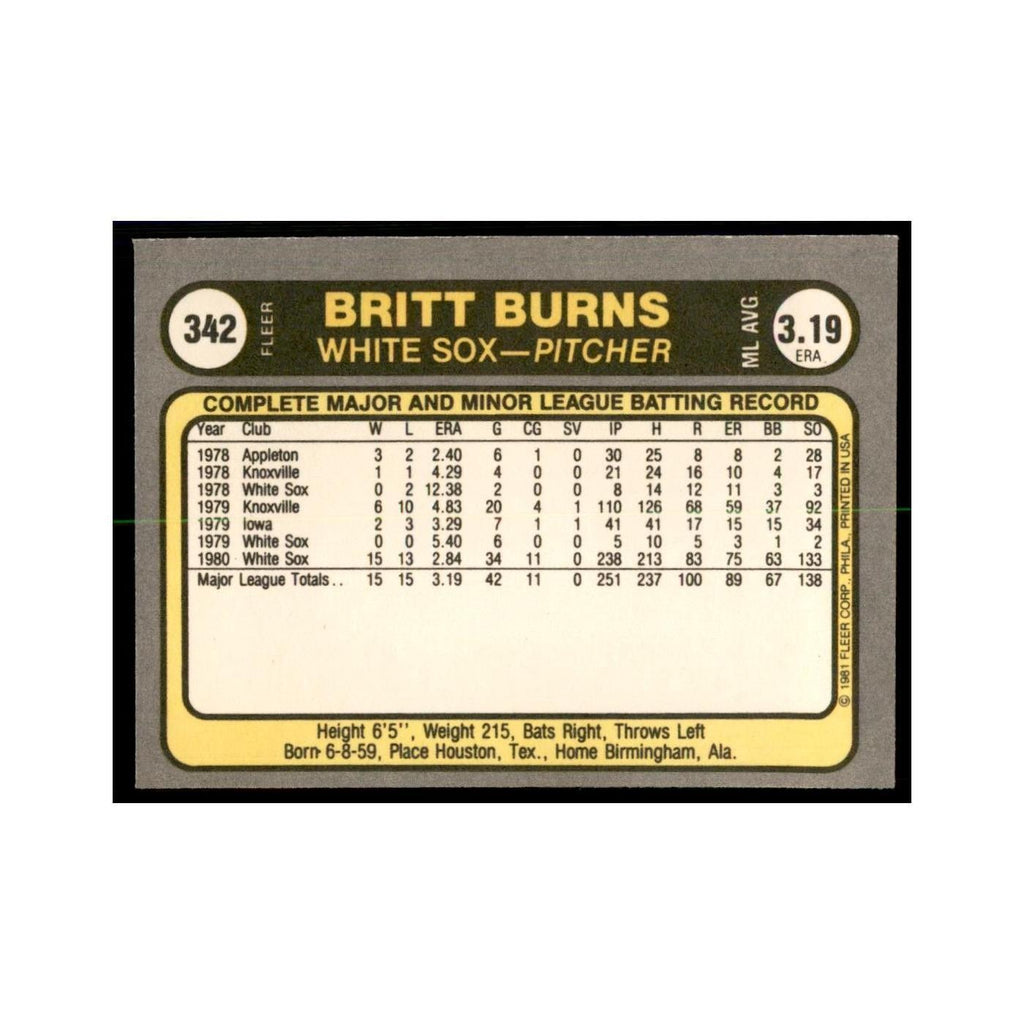 1981 Fleer Britt Burns Baseball Cards #342