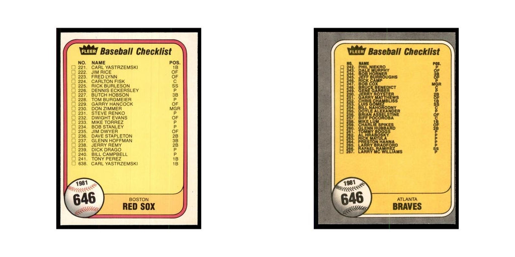 1981 Fleer Checklist Red Sox/Braves Baseball Cards #646