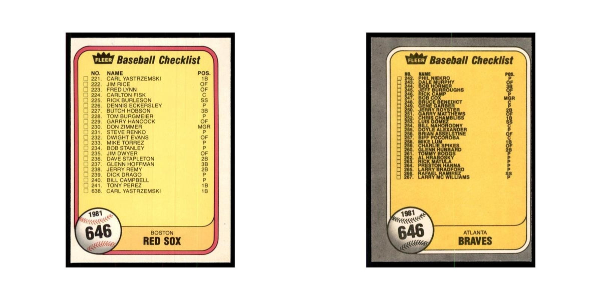 1981 Fleer Checklist Red Sox/Braves Baseball Cards #646